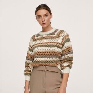 Mango Sz M Neutral Knit Crochet Striped Relaxed Sweater